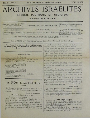 Archives israélites de France. Vol.63 N°39 (25 sept. 1902)